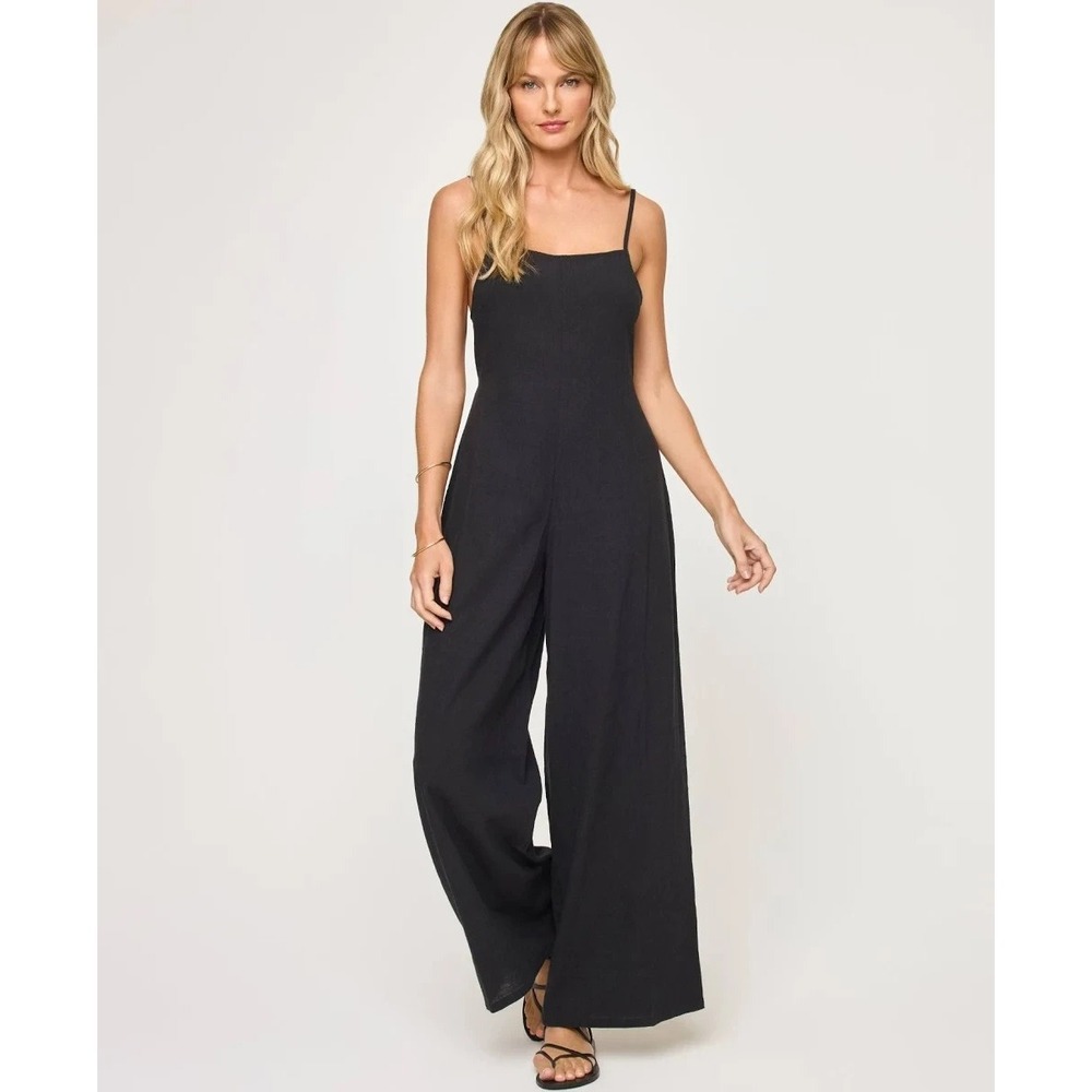 L*SPACE Jaida L Jumpsuit Black Wide Leg Open Back 100% Cotton Summer Beach Cover
